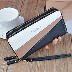 Women's Tri-Color Wristlet - Double Zip Closure / Matching Wrist Strap